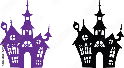 Halloween haunted house silhouettes purple and black spooky mansion vector