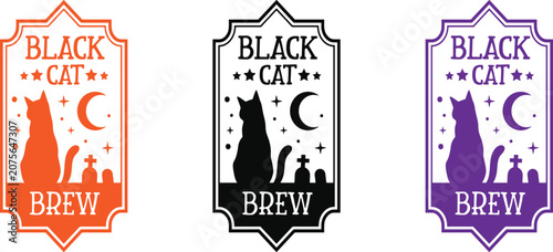 Halloween black cat brew label designs orange black and purple variations