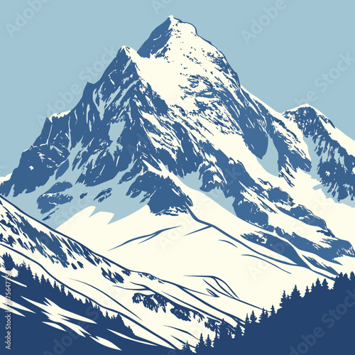 Fotografie Snowy mountain peak with pine trees in the foreground mountain landscape illustr