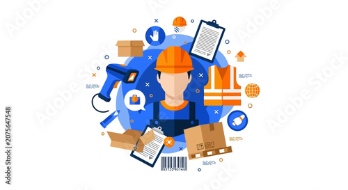 Logistics and Warehouse Management Vector Illustration with Worker Character and Shipping Icons