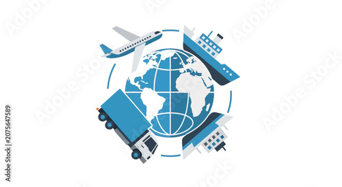 Global Logistics and Transportation Concept with Earth Globe, Airplane, Cargo Ship, and Delivery Truck Vector Illustration
