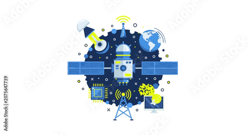 Satellite Communication and Global Connectivity Concept Flat Vector Illustration with Earth and Technology Icons