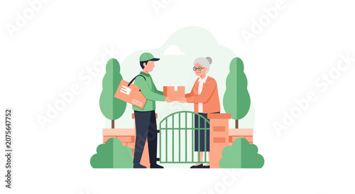 Courier delivering package to elderly woman at home gate flat vector illustration