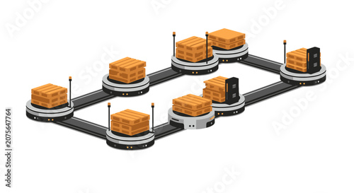 Automated Guided Vehicles AGV and AMR Robots Transporting Wooden Pallets in Smart Warehouse, Isometric Industrial Automation Illustration for Logistics and Supply Chain