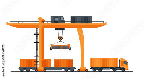 Shipping Container Terminal Illustration with Gantry Crane Loading Freight onto Train and Truck, Global Logistics and Intermodal Transport Concept