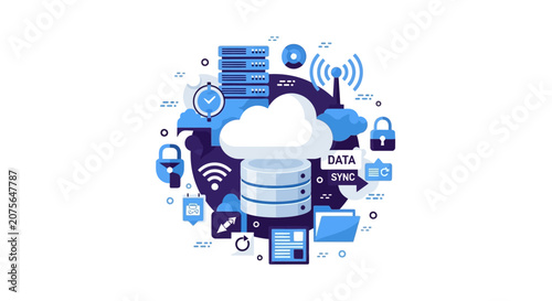 Cloud Computing and Data Management Infrastructure Vector Illustration with Security and Sync Icons
