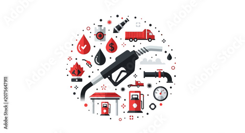 Oil and Fuel Industry Concept Vector Illustration with Gas Pump, Pipeline, and Logistics Icons in Circular Flat Design Style