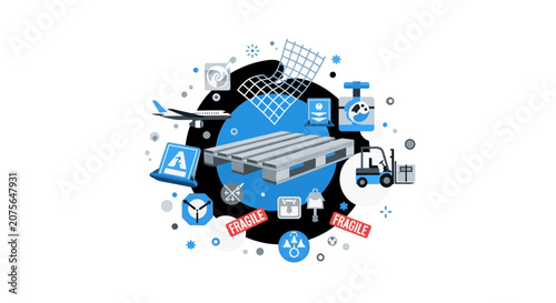 Logistics and Supply Chain Management Concept Illustration with Shipping Pallet, Forklift, Cargo Plane, and Handling Symbols