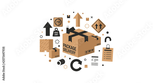 Logistics and Package Delivery Concept Illustration with Cardboard Boxes and Shipping Symbols