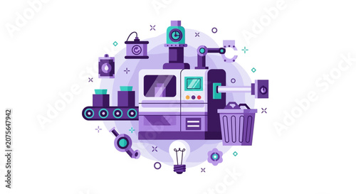 Flat Vector Illustration of Smart Industrial Automation and Robotic Manufacturing Line