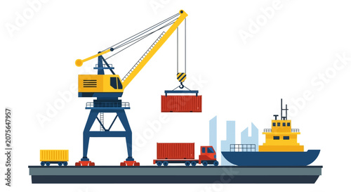 Logistics and Shipping Port Illustration with Harbor Crane, Cargo Ship, and Container Trucks. Global Trade and Supply Chain Management Flat Design Vector.