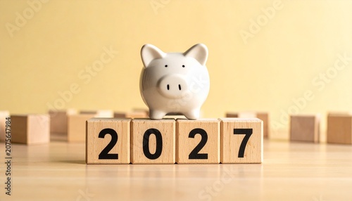 Small white ceramic piggy bank placed on top of four wooden blocks arranged in a row, each block printed with black numbers forming “2027,” solid light yellow background with scattered wooden blocks i