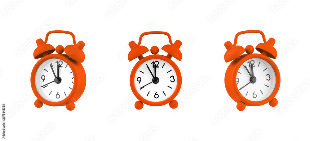 Obraz premium Collage of classic Orange mechanical alarm clocks from different angles. Symbol of time management, morning routine, and deadlines. Professional studio shot for business and lifestyle concepts.