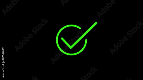 Tick mark icon seamless loop.Glowing neon line Tick mark or confirm icon animation, approval icon with circular outline for confirmation, yes motion choice success correct, circle, validation accept