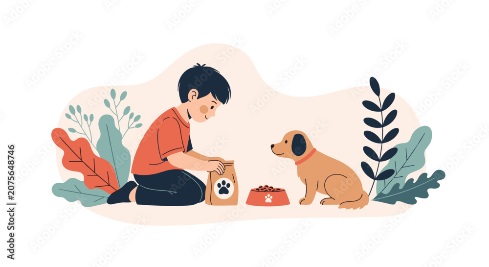 Fototapeta premium Young boy kneeling down to feed a cute brown puppy from a bag of dog food surrounded by decorative plants in a simple home lifestyle setting.