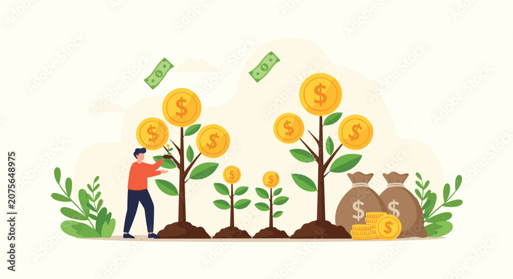 Fototapeta premium Happy man taking care of several money trees that are growing large golden coins symbolizing successful financial investment and prosperity.