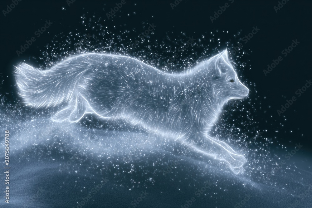 Fototapeta premium Arctic fox leaps through deep snow, body glows in white neon, tiny snow crystals float around in a dark background, creating a dynamic scene.