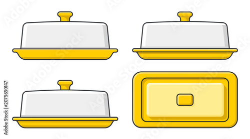 Butter dish tableware with front side rear and top views vector illustration