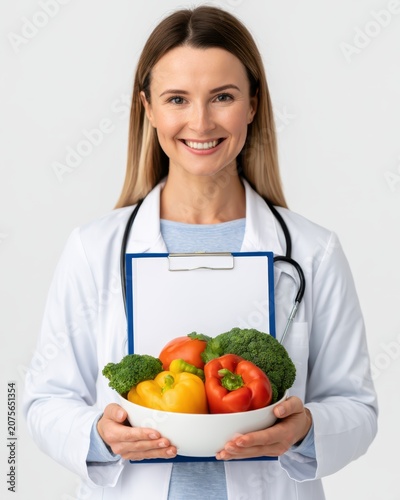 A smiling female doctor holds a bowl of fresh vegetables, promoting healthy eating and nutrition in a clinical setting.