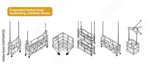 Suspended swing stage scaffolding vector set of isometric construction platforms hanging for high rise window cleaning and building maintenance work isolated on white background technical line art