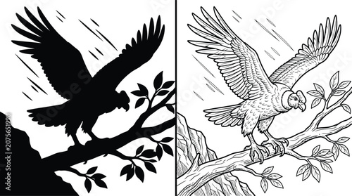 Tableau sur toile Eagle Condor Concept Standing on a Tree Branch with Outstretched Wings Illustrat