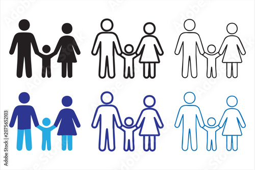 Photos Family relationship icon set showing mother father and child in various styles and color versions