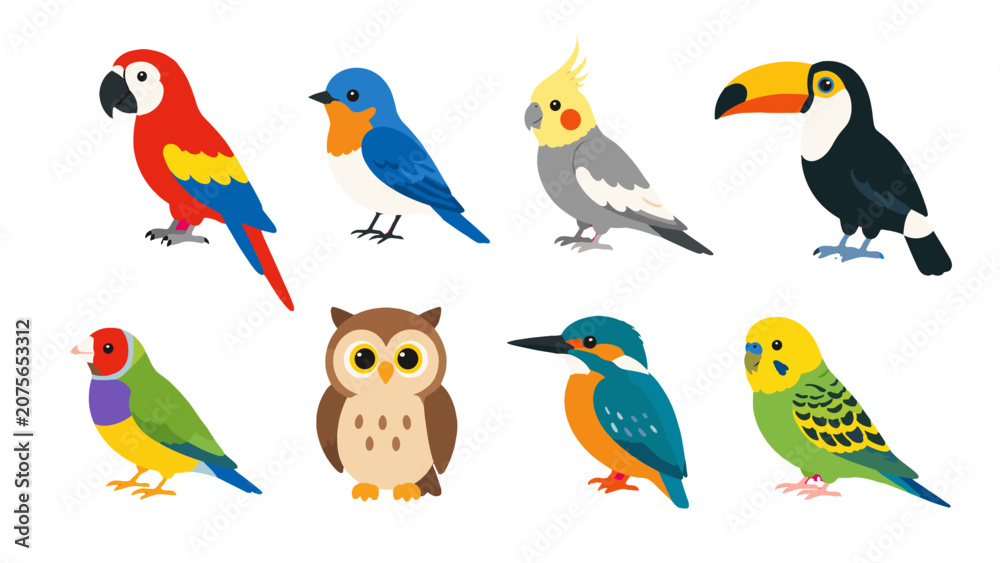 Fototapeta premium Tropical birds and owl cartoon icons set