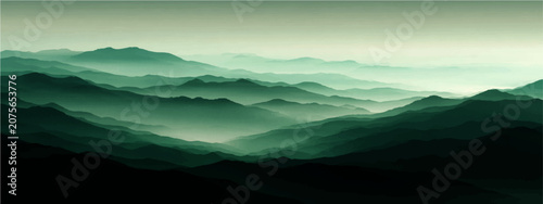 фотографія Misty emerald mountains shrouded ethereal fog, evoking profound tranquility and vastness