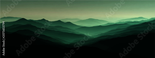 Obraz na płótnie Misty, atmospheric mountain range shrouded ethereal green haze, creating sense profound solitude and natural majesty