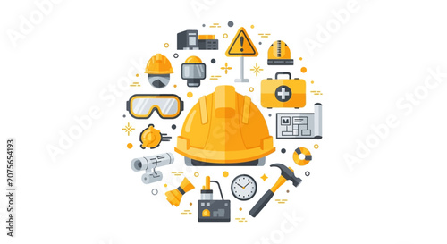 Construction Safety Equipment and PPE Flat Icon Set in Circular Composition with Hard Hat, Goggles, and Tools