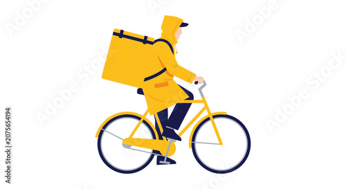 Food Delivery Courier Riding Bicycle with Large Thermal Backpack and Yellow Raincoat. Flat Vector Illustration for Logistics, Service, and E-commerce Concept.