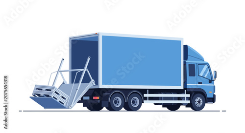 Commercial Blue Delivery Truck with Hydraulic Tailgate Lift Loading Pallets, Logistics and Shipping Vehicle Illustration Isolated on White