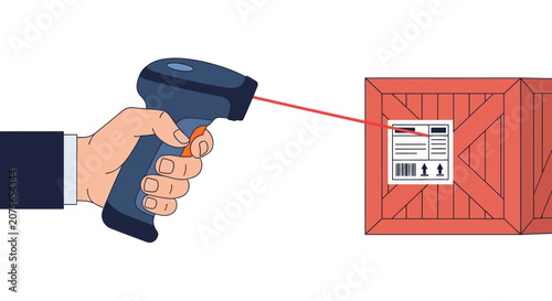 Hand Holding Barcode Scanner Scanning Label on Package Box, Logistics and Inventory Management Concept Illustration