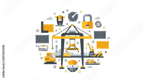 Industrial Logistics and Construction Vector Flat Illustration with Gantry Crane and Shipping Containers