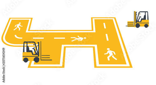 Warehouse Safety Floor Marking Illustration with Forklift and Pedestrian Icons for Workplace Accident Prevention