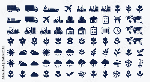Logistics And Weather Flat Icons Collection Dark Blue Color Palette