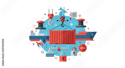 Global Logistics and Supply Chain Concept with Shipping Container, Cargo Ship, and Maritime Industry Elements Flat Vector Illustration
