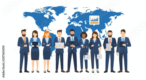 Global Business Team and Diverse Corporate Professionals Standing in Front of a World Map. International Success, Finance, and Human Resources Concept.