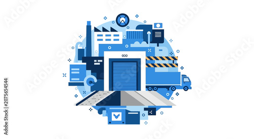 Logistics and Supply Chain Management Concept Illustration with Warehouse, Delivery Truck, and Industrial Factory Elements in Blue Flat Design Style