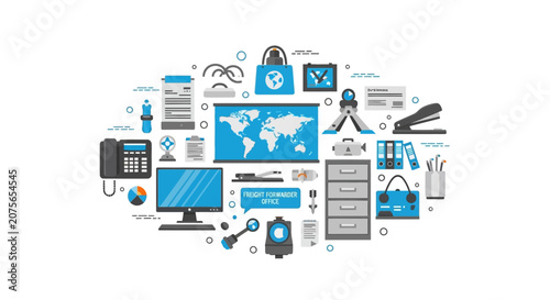 Freight Forwarder Office Logistics Management Vector Illustration with World Map, Computer, and Business Icons for Global Shipping and Export Import Services