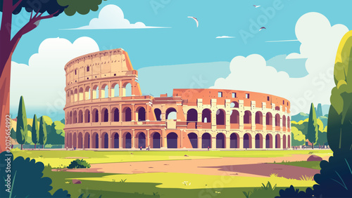 Rome Colosseum Vector Postcard with Historic Amphitheater, Sunny Park Landscape and Pastel Travel Background