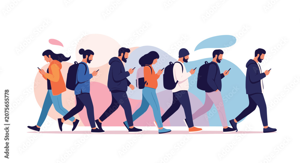 Obraz premium Line of diverse young people walking in the same direction while completely distracted by looking down at their smartphones.