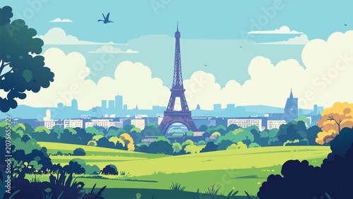 Paris Eiffel Tower Vector Landscape with Green Park, City Skyline and Sunny Pastel Travel Illustration
