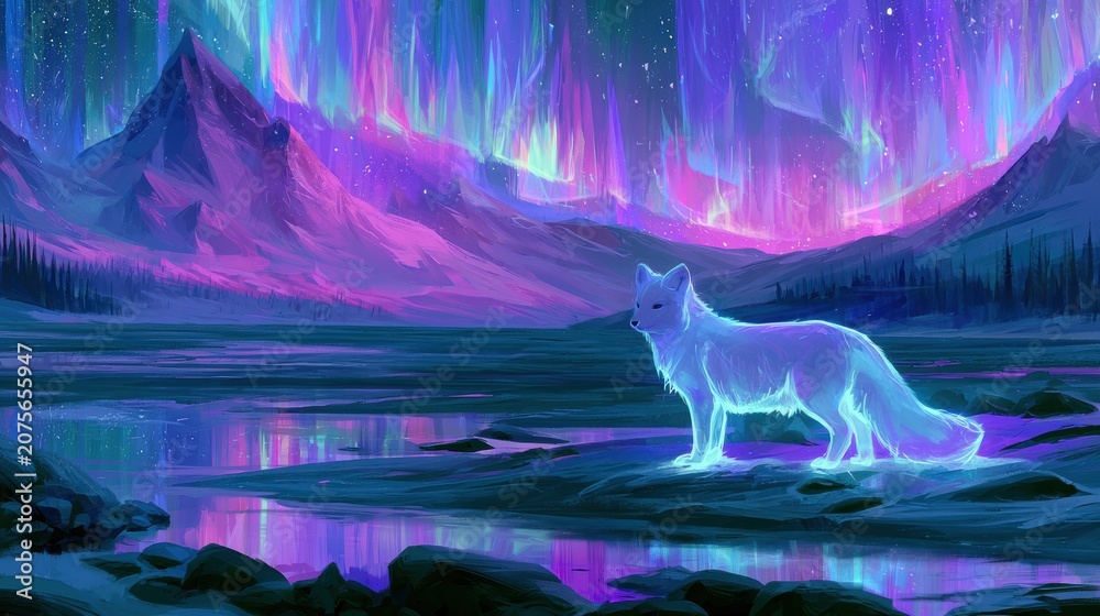 Fototapeta premium An arctic fox glows white against a dark tundra while aurora lights dance in the night sky around mountains in the distance.