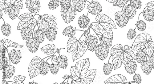 Vintage seamless pattern with detailed hand drawn engraving of hop cones and leaves over white background.
