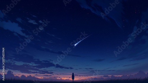 Illustration of Solitary Person Silhouetted Under Starry Night Sky and Shooting Star