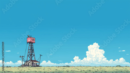 Illustration of Retro Outpost Tower in Grassy Field Under Vast Blue Sky with Clouds.