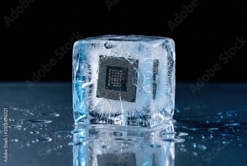 Modern processor frozen in a melting ice cube for advanced hardware cooling concept