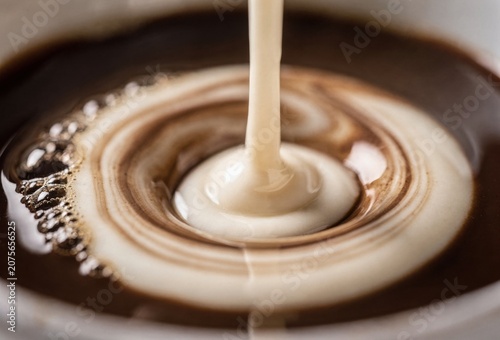 Thick cream pouring into a cup of hot black coffee creating elegant swirls