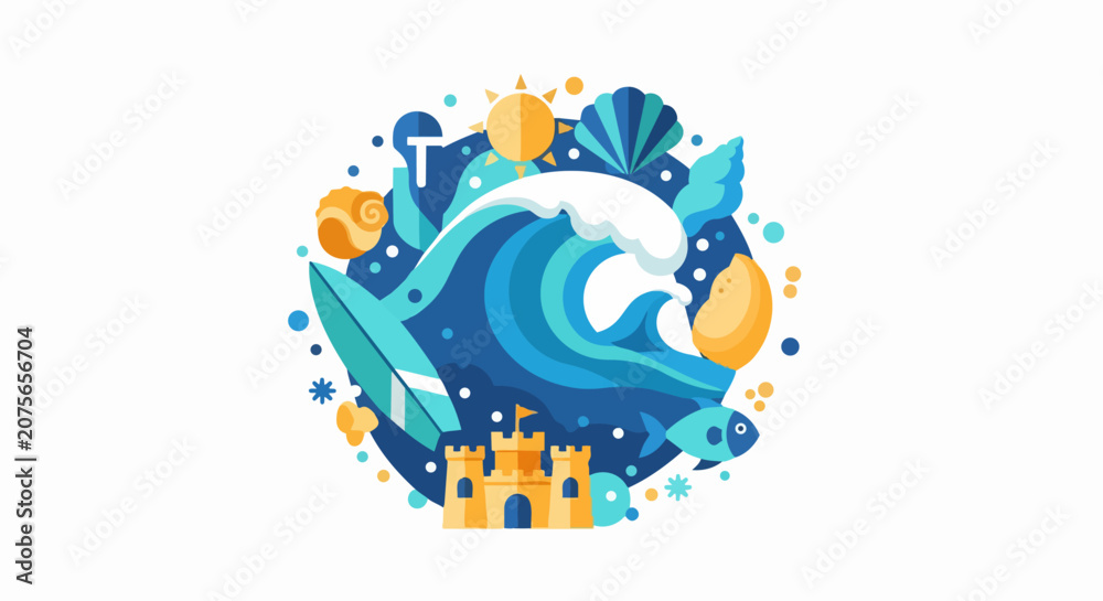 Naklejka premium Summer Beach Vacation Flat Design Vector Illustration with Ocean Waves, Surfboard, Sandcastle, and Sea Elements in a Circular Composition